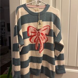 Easel Teal and Cream Striped Sweater with Red Bow Accent